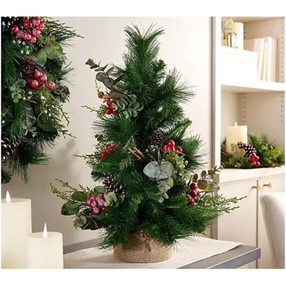 Valerie Parr Hill 24" Berry Pine and Eucalyptus‎ Christmas Tree in Burlap Base
